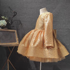 Elegante vestido de lentejuelas doradas para niña, vestido de princesa de primera comunión para niña pequeña 