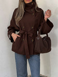 Turtleneck Double Breasted Waist Tie Coat