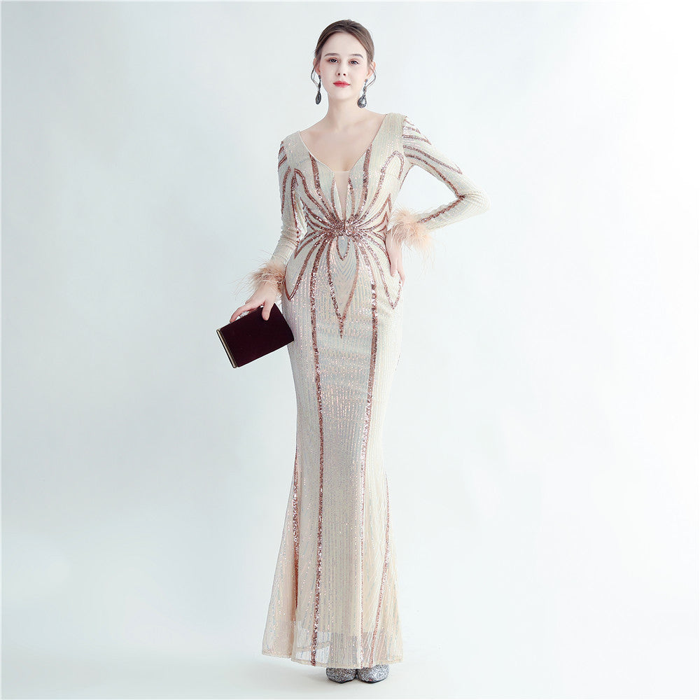 New product positioning flower bead piece craft ostrich hair high-end long-sleeved evening dress
