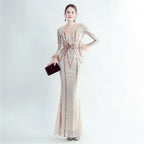 New product positioning flower bead piece craft ostrich hair high-end long-sleeved evening dress