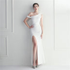 Ostrich hair decorative slanted shoulder collar split fork European and American sexy dress evening dress
