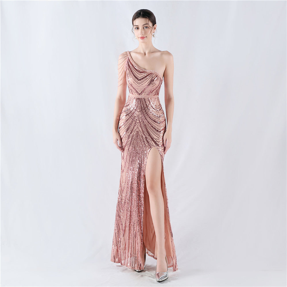 Dress positioning flower bead piece craft bead single shoulder oblique neck high fork evening dress