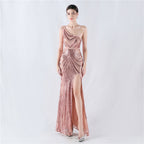 Dress positioning flower bead piece craft bead single shoulder oblique neck high fork evening dress