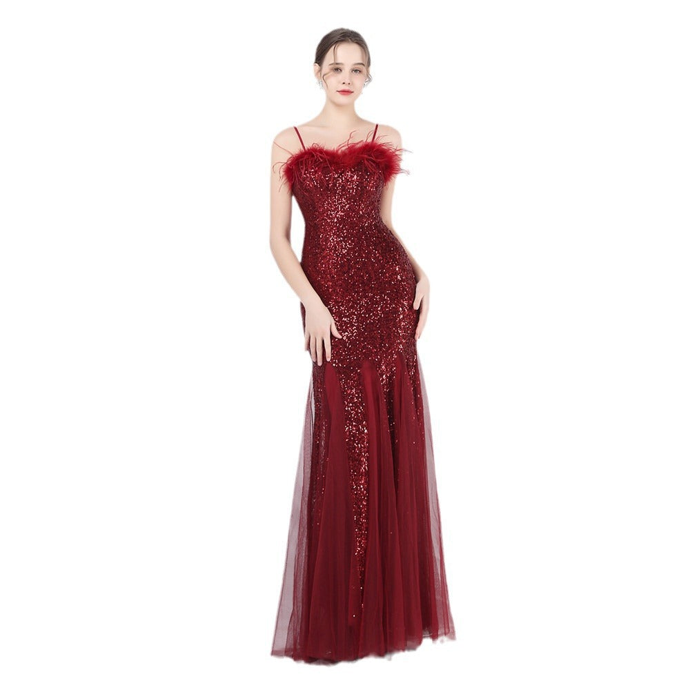 New craft order ostrich hair mesh bead long evening dress