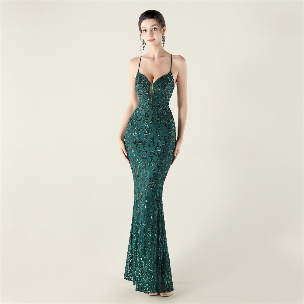 New Bead Embroidery Sequins Waist Strap Deep V Heart Suspender Evening Dress, Banquet Party