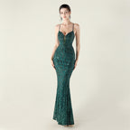 New Bead Embroidery Sequins Waist Strap Deep V Heart Suspender Evening Dress, Banquet Party