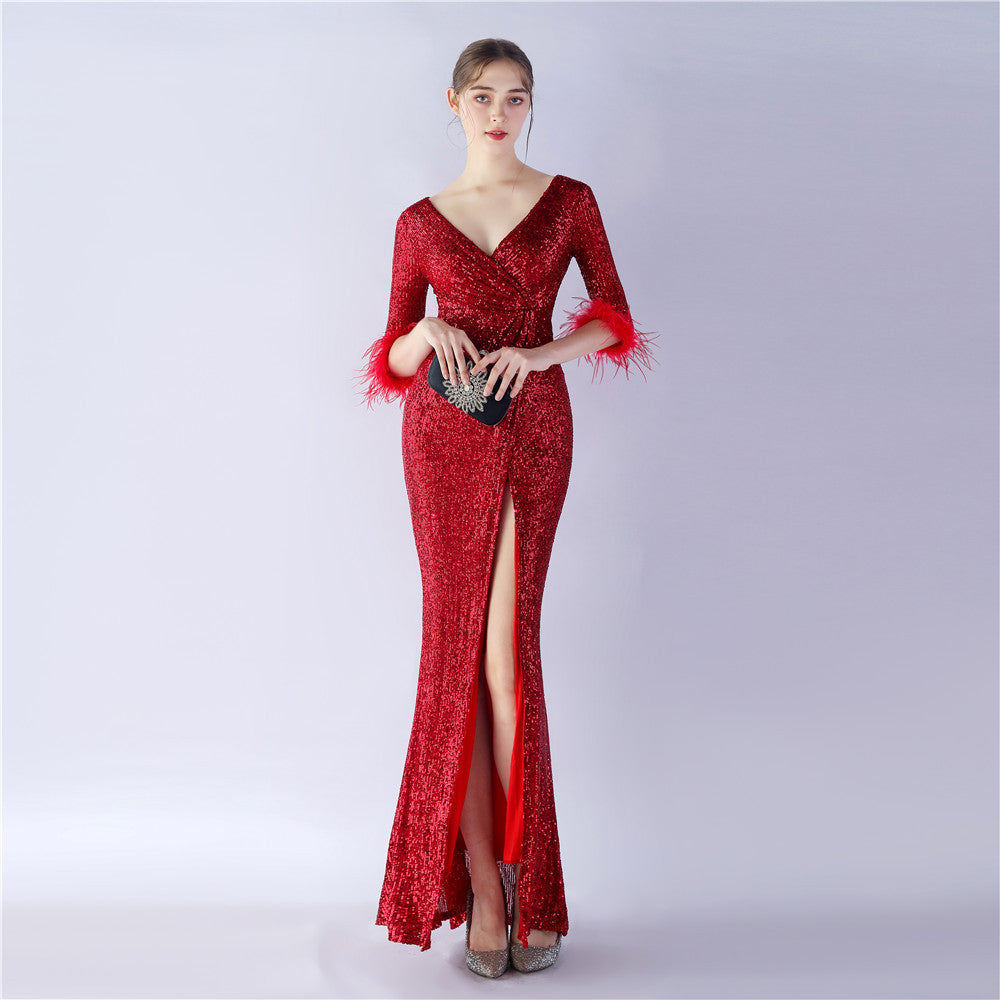 Craft ostrich sequin long-sleeved evening dress