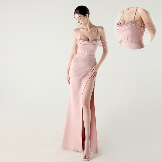 New order bead fish bone waist strap pleated deep V suspender evening dress banquet