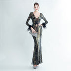 New product positioning flower bead piece craft ostrich hair high-end long-sleeved evening dress
