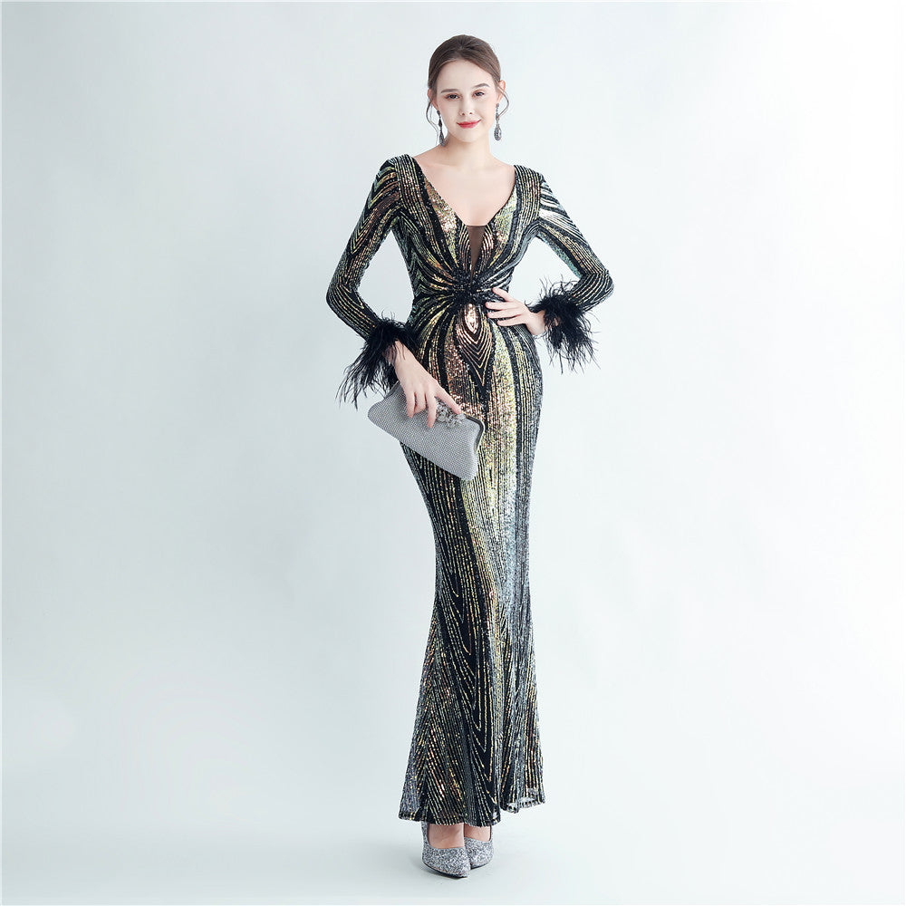New product positioning flower bead piece craft ostrich hair high-end long-sleeved evening dress