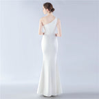 New craft beaded satin single shoulder diagonal collar long evening dress