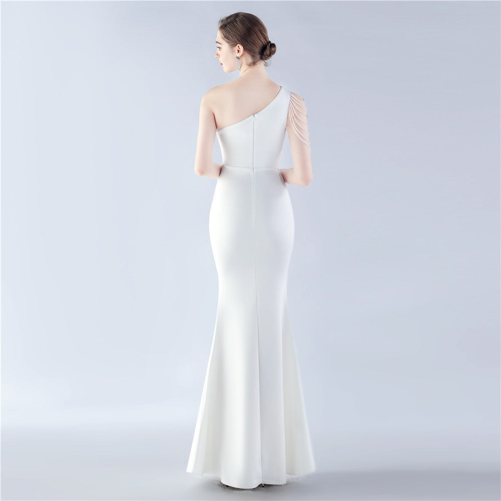 New craft beaded satin single shoulder diagonal collar long evening dress