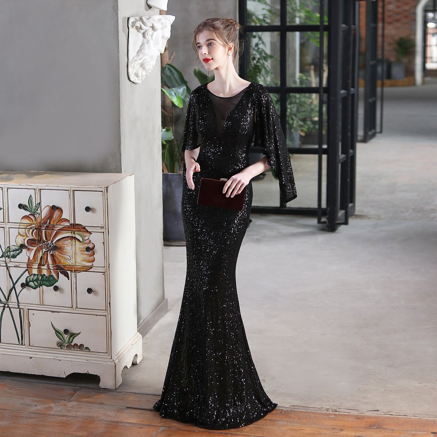 Angel wings sequined fishtail banquet elegant temperament annual meeting host car model party dress female summer