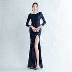 New sequined long-sleeved test split high-end evening dress