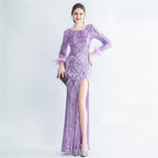 High-density ostrich hair beads long-sleeved fishtail high-end evening dress