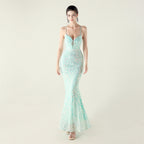 New Bead Embroidery Sequins Waist Strap Deep V Heart Suspender Evening Dress, Banquet Party