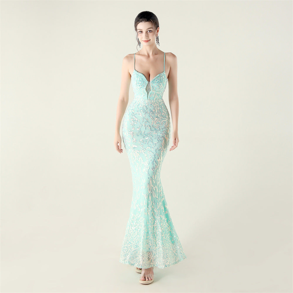 New Bead Embroidery Sequins Waist Strap Deep V Heart Suspender Evening Dress, Banquet Party
