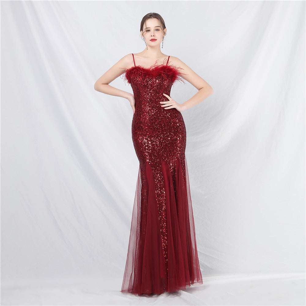 New craft order ostrich hair mesh bead long evening dress