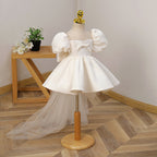 Elegant Baby Girl White Lace Puff Sleeve Bow Princess Dress Toddler First Communion Dress