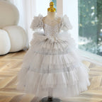 Vestido de primera comunión para niña, vestido de princesa de verano gris esponjoso con forma de pastel para fiesta 