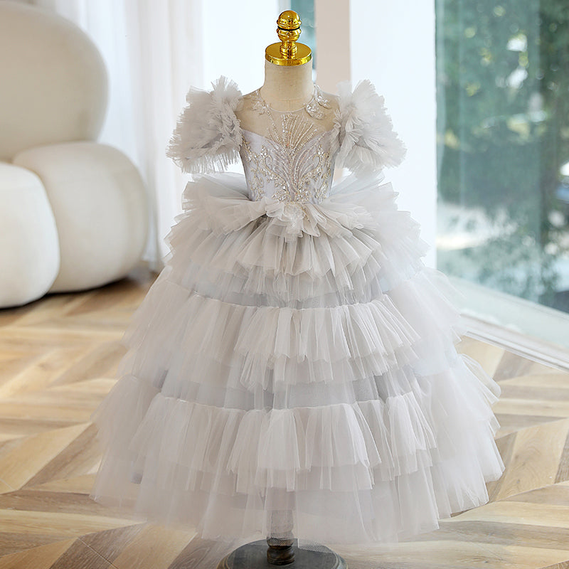 Vestido de primera comunión para niña, vestido de princesa de verano gris esponjoso con forma de pastel para fiesta 