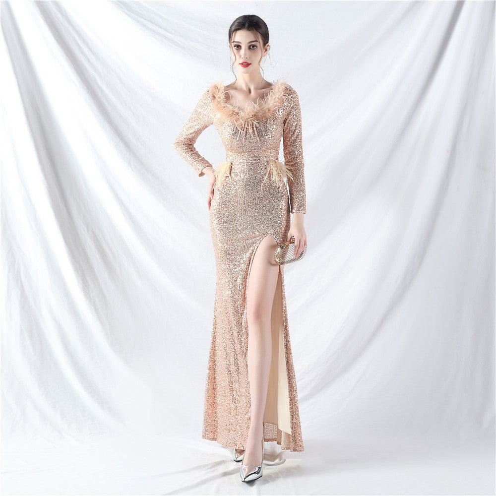 New craft ostrich hair long-sleeved bead evening dress