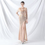 New craft ostrich hair long-sleeved bead evening dress