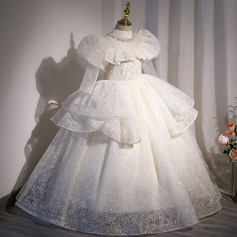 Kommunionkleid für Kleinkinder, Mädchen-Festkleid, weißes Paillettenkleid, bauschiges Prinzessinnenkleid 