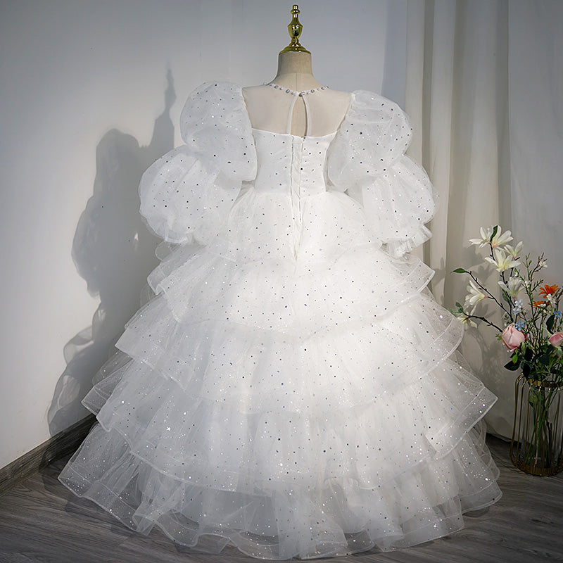 Vestido de primera comunión para niña, blanco, con vuelo, para desfile de belleza, princesa, para bautizo. 