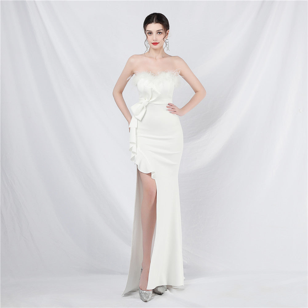 Craft Flower Order Ostrich Hair Off-Shoulder Tube Top Dinner Celebration Wedding Dress