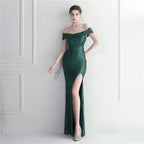 Classic explosive sequined version one-word neck split fork bridesmaid etiquette event celebration slimming and shaping long models