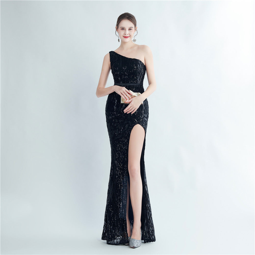 Positioning flower beads single shoulder diagonal collar side split fork long evening dress