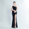 Positioning flower beads single shoulder diagonal collar side split fork long evening dress