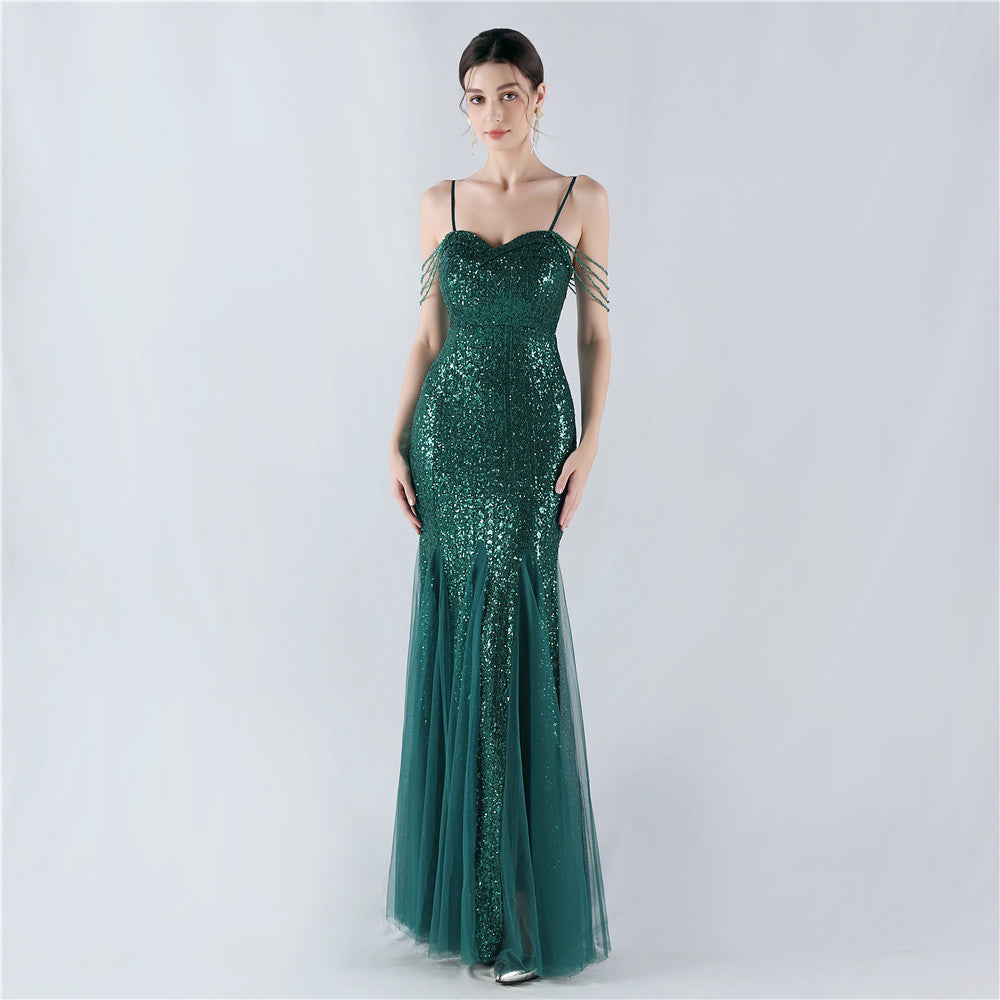 New dress craft beaded mesh sequined evening dress, performance, hosting, annual meeting