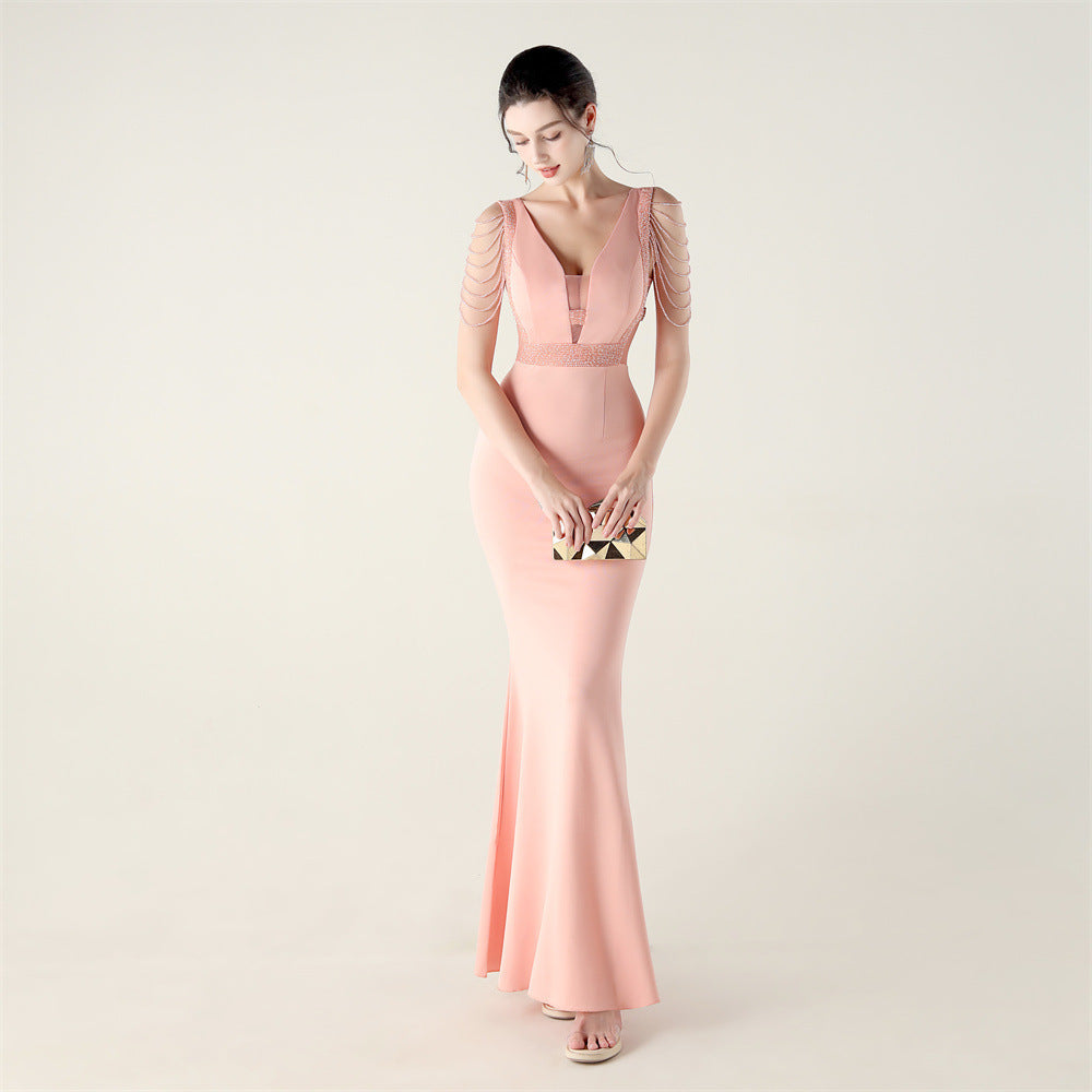 New deep V-neck high-density beads decorative slim-fitting evening dress banquet wedding performance