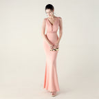 New deep V-neck high-density beads decorative slim-fitting evening dress banquet wedding performance