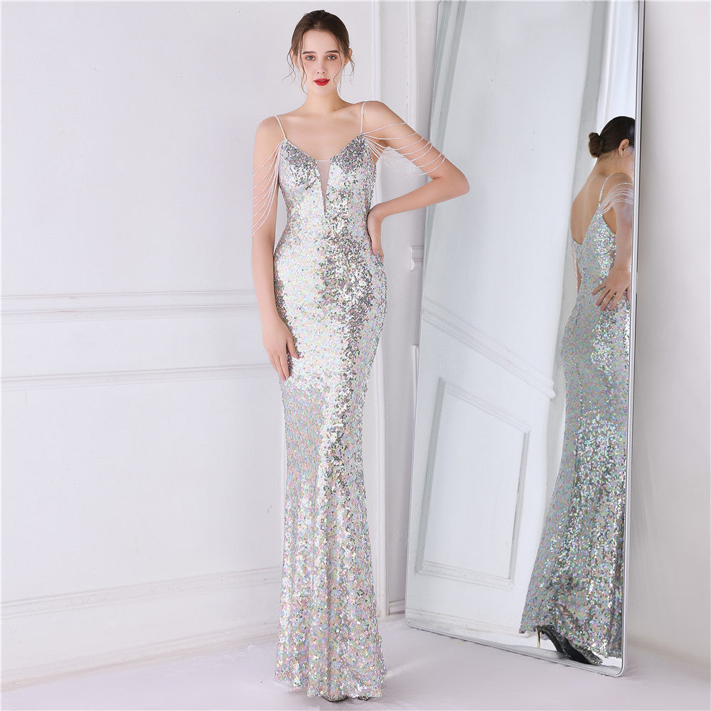 New sequined fishtail long dress performance Internet celebrity event banquet car model etiquette evening dress