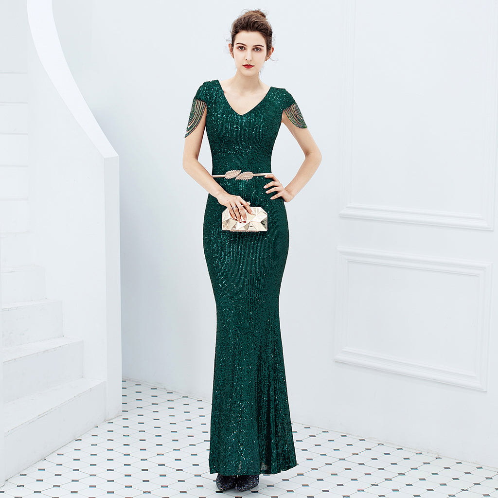Evening dress women's new banquet temperament elegant long sequined aura queen fishtail thin