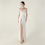 New one-shoulder diagonal collar sequined dress, bead chain decoration, nightclub banquet wedding