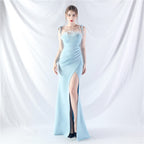 New double-tied waist-shaped ear-adjusted satin evening dress