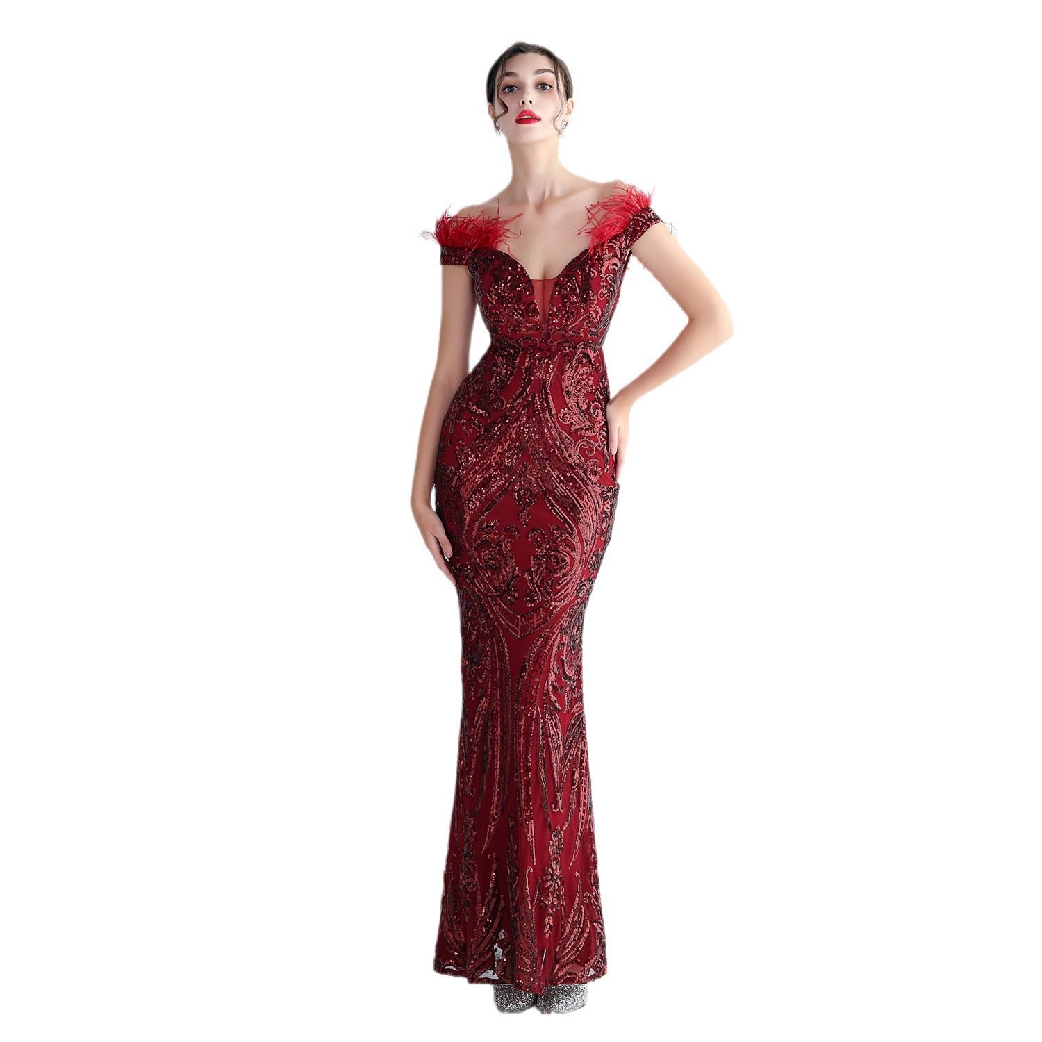 High density three-dimensional strong bead positioning flower craft handmade hair banquet slim sexy evening dress
