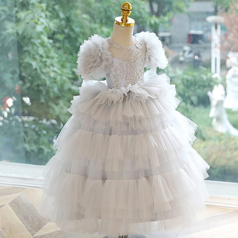Vestido de primera comunión para niña, vestido de princesa de verano gris esponjoso con forma de pastel para fiesta 