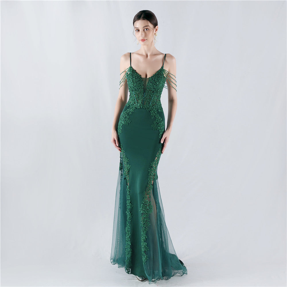 Heavy Industry Hot Drilled Fishbone Vest Lace Lace Bead High Fork Evening Dress