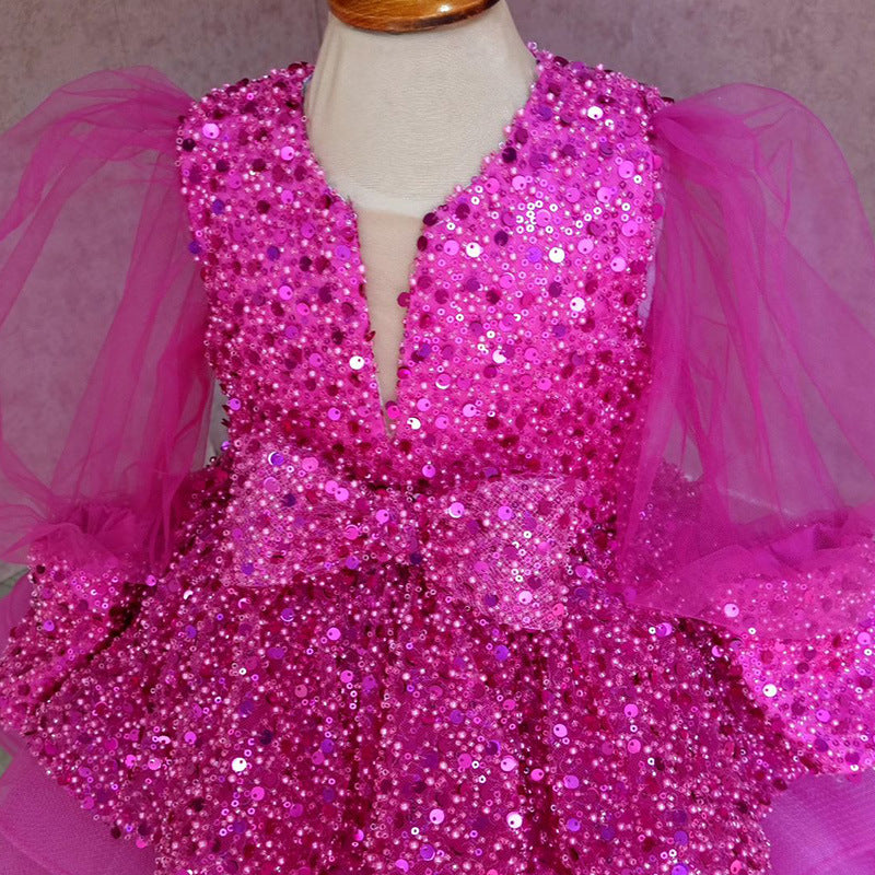 Elegantes Paillettenkleid aus Mesh mit Puffärmeln für Babys und Kleinkinder – Prinzessinnenkleid für die Erstkommunion 