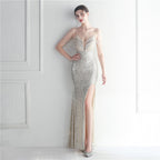 Fashion red carpet formal settings bead chain suspender long evening dress