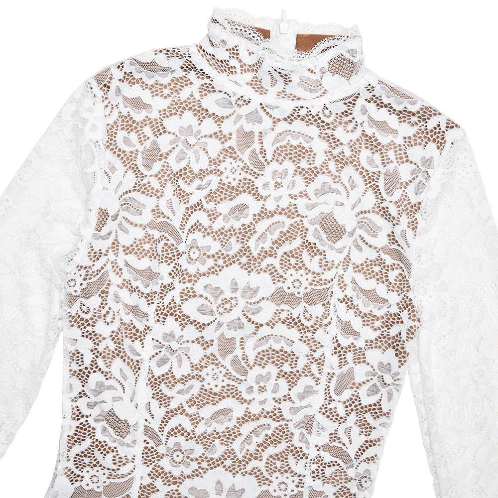 Round Neck Lace Long Sleeve Mermaid Midi Dress