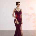 Sling deep V party dress new long sexy slim split performance celebrity evening wear
