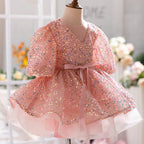Elegantes rosa Paillettenkleid mit Ballonärmeln und Puffärmeln für Babys und Kleinkinder – Prinzessinnenkleid zur Erstkommunion 