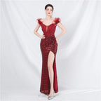 Ostrich hair lace hot diamond court vest fish bone waist high-end evening dress