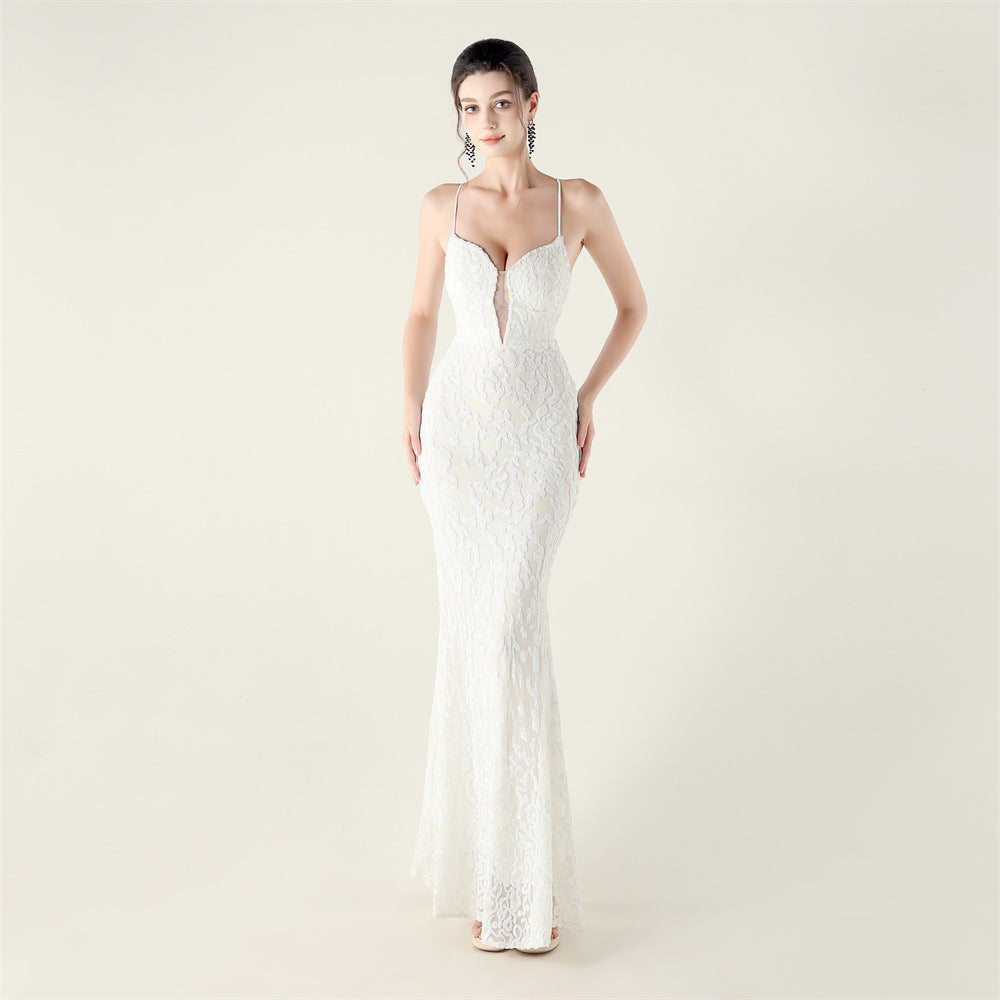 New Bead Embroidery Sequins Waist Strap Deep V Heart Suspender Evening Dress, Banquet Party